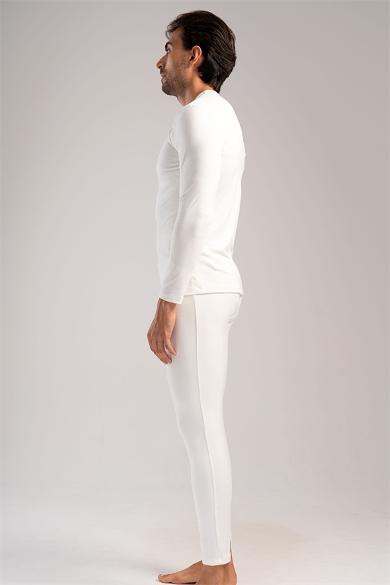 Erkek Bisiklet Yaka Uzun Kollu İçlik Takımı Ekru