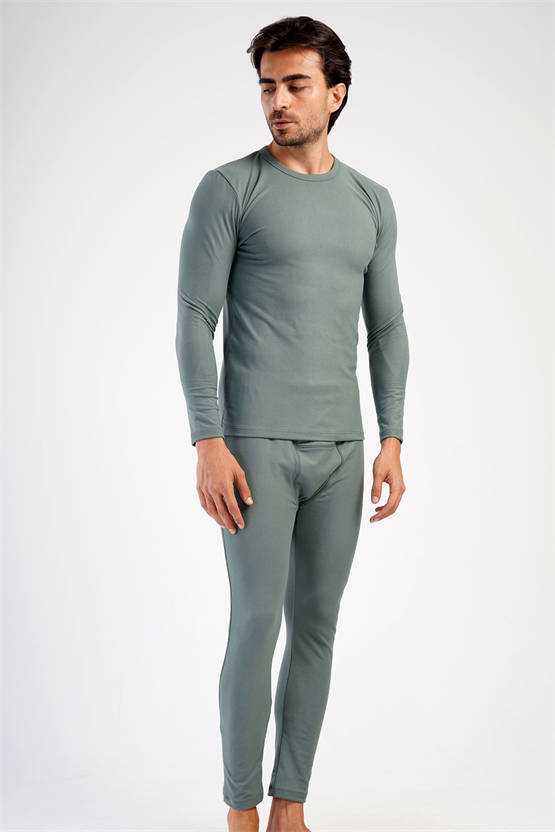 Erkek Bisiklet Yaka Uzun Kollu İçlik Takımı Haki