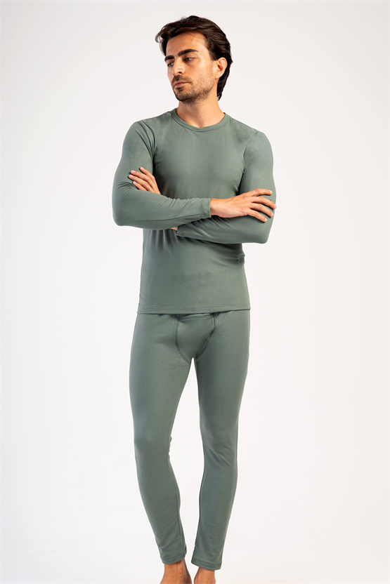 Erkek Bisiklet Yaka Uzun Kollu İçlik Takımı Haki