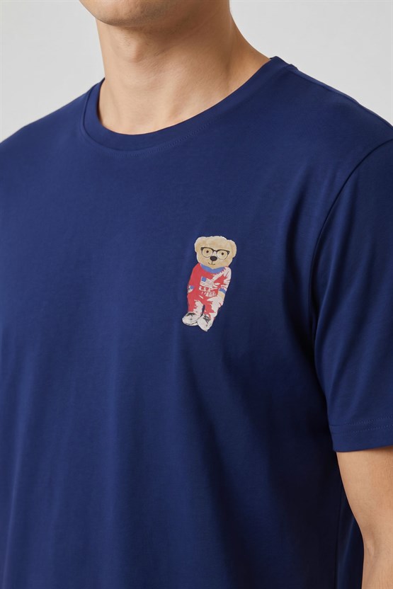 Erkek Pamuklu Ayıcık Desen Bisiklet Yaka Sort Takım Lacivert