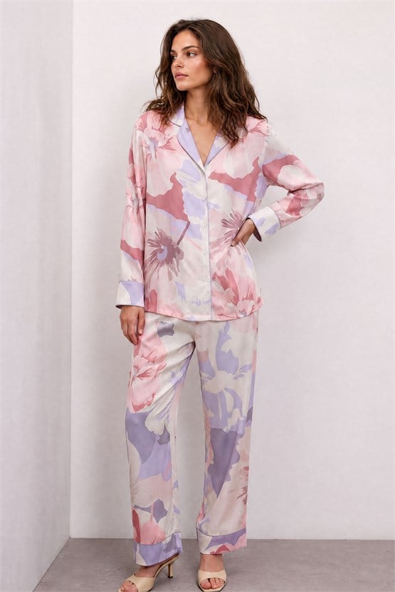 Kadın Bambu Desenli Pijama İkili Takım Lila