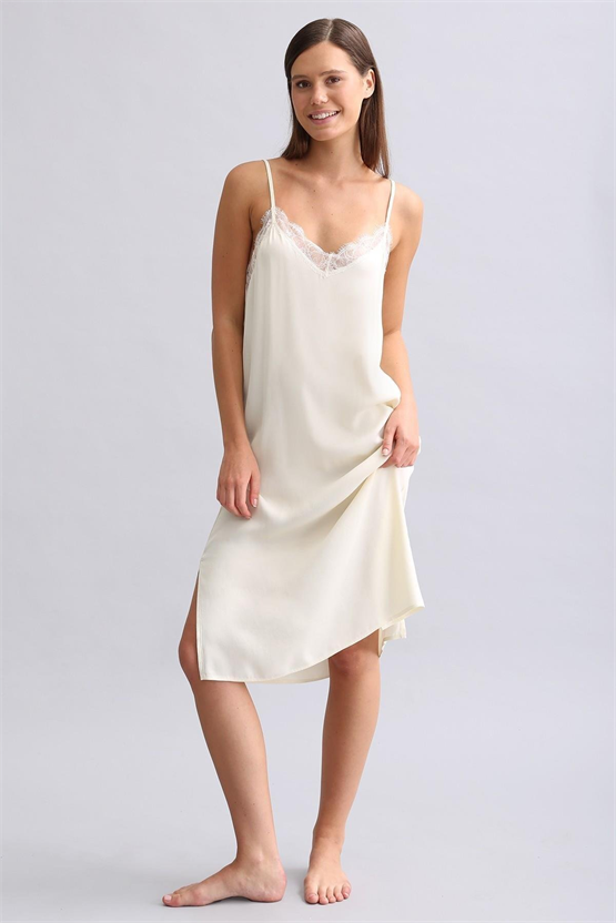 Kadın Dantel Detaylı Saten Gecelik Ekru