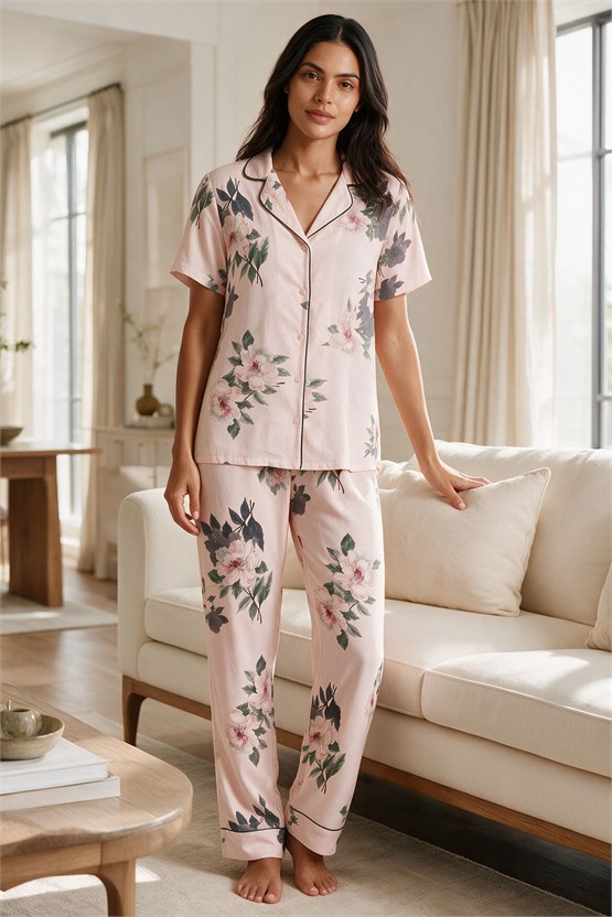 Kadın Dokuma Viscon Gömlek Pijama İkili Takım Pudra