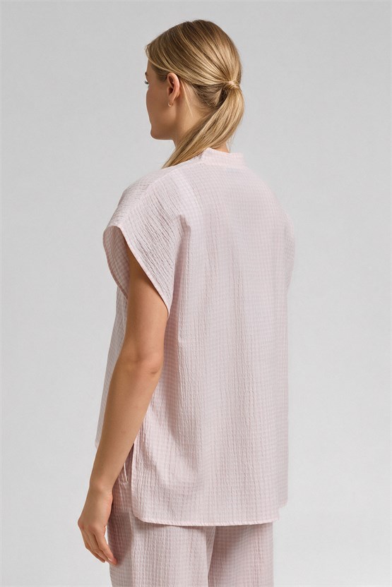 Kadın Ekoseli Pamuk Bağlamalı Gömlek Pijama İkili Takım Açık Pembe