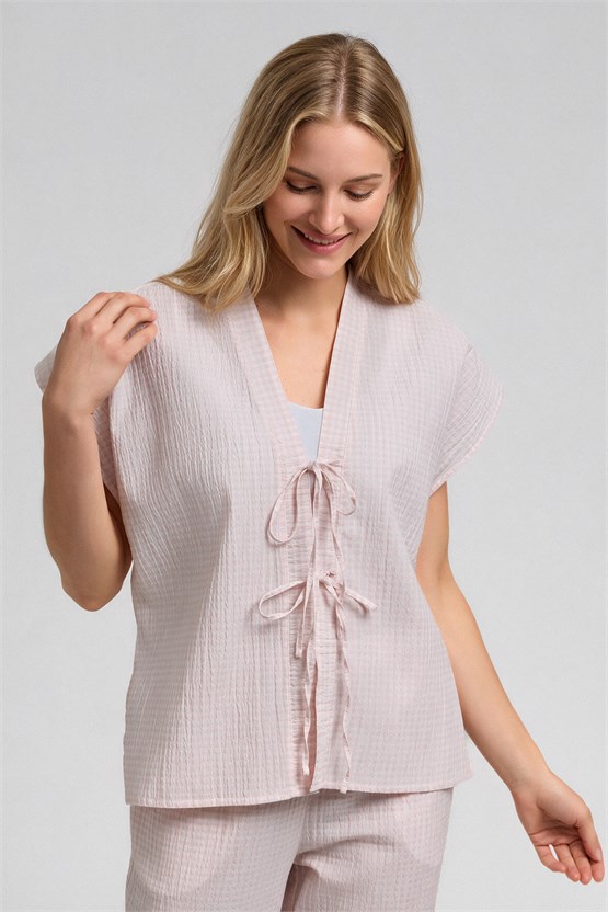 Kadın Ekoseli Pamuk Bağlamalı Gömlek Pijama İkili Takım Açık Pembe