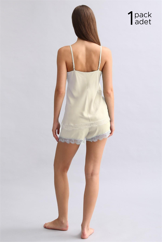 Kadın Ekru Dantelli Bambu Şort Takım Hediye Paketi