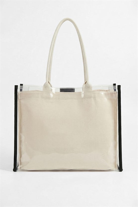 Kadın Kanvas PVS Plaj Çanta Ekru