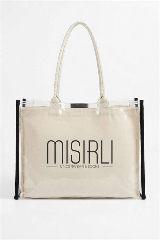 Kadın Kanvas PVS Plaj Çanta Ekru