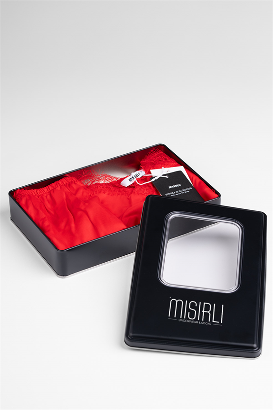 Kadın Kırmızı Dantelli Bambu Şort Takım Hediye Paketi