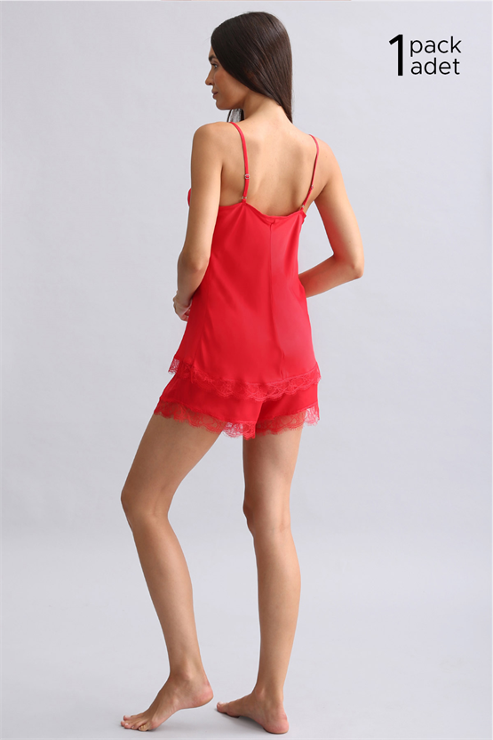 Kadın Kırmızı Dantelli Bambu Şort Takım Hediye Paketi