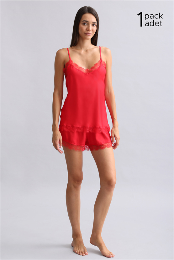 Kadın Kırmızı Dantelli Bambu Şort Takım Hediye Paketi