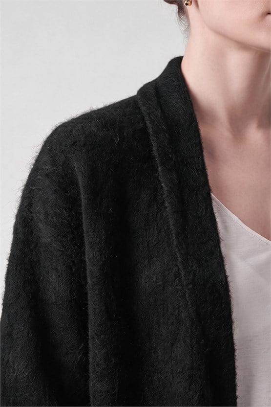 Kadın Microfiber Tüylü Uzun Triko Hırka Siyah