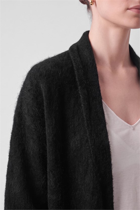 Kadın Microfiber Tüylü Uzun Triko Hırka Siyah
