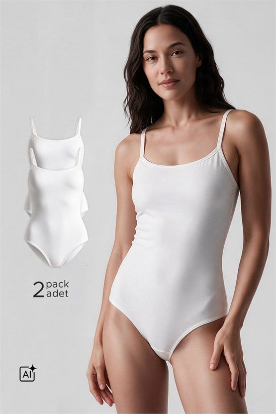 Kadın Pamuklu İkili İnce Askılı Çıtçıtlı Bodysuit Basic Atlet Beyaz