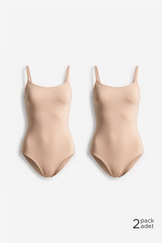 Kadın Pamuklu İkili İnce Askılı Çıtçıtlı Bodysuit Basic Atlet Ten