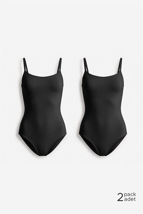 Kadın Pamuklu İkili İnce Askılı Çıtçıtlı Bodysuit Basic Atlet Siyah