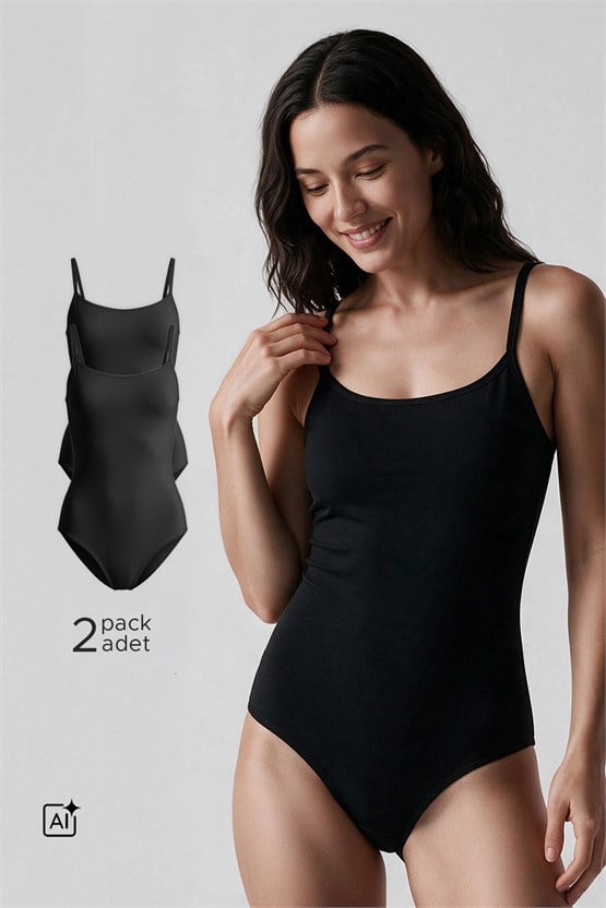 Kadın Pamuklu İkili İnce Askılı Çıtçıtlı Bodysuit Basic Atlet Siyah