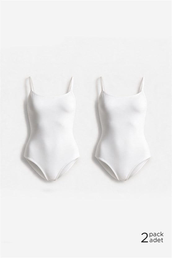 Kadın Pamuklu İkili İnce Askılı Çıtçıtlı Bodysuit Basic Atlet Beyaz