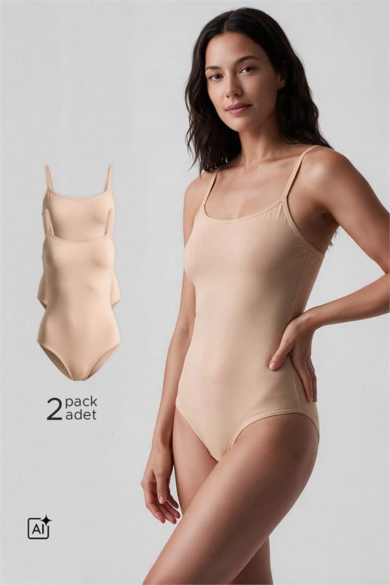 Kadın Pamuklu İkili İnce Askılı Çıtçıtlı Bodysuit Basic Atlet Ten