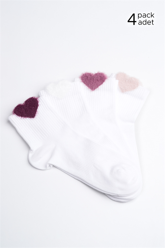 Kadın Pamuklu Kalpli 4 Çift Kısa Konç Çorap Beyaz