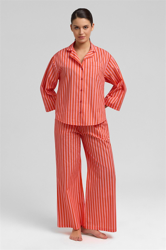 Kadın Pamuklu Poplin Çizgili Gömlek Turuncu-Pembe