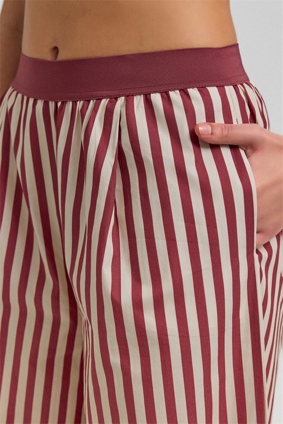 Kadın Pamuklu Poplin Pileli  Pantolon Bordo-Pembe