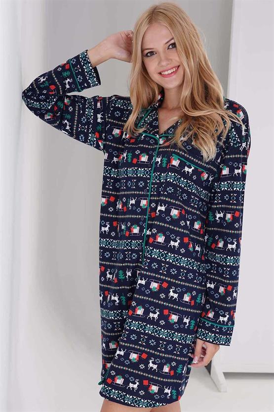 Kadın Pamuklu Uzun Kollu Gömlek Elbise İndigo