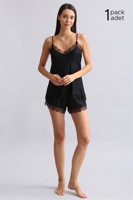 Kadın Siyah Dantelli Bambu Şort Takım Hediye Paketi