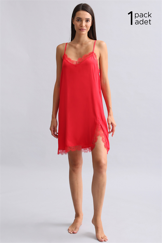 Kadın Kırmızı Dantelli Saten Gecelik Hediye Paketi