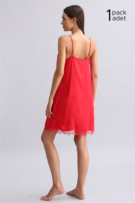 Kadın Kırmızı Dantelli Saten Gecelik Hediye Paketi