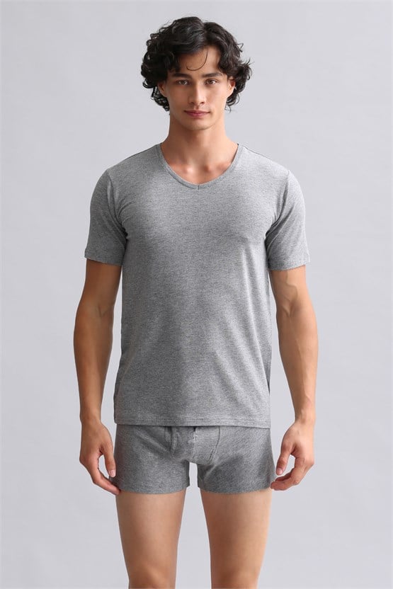 Mısırlı BAMBU HERCULES Slim Fit V Yaka Fanila Gri Melanj