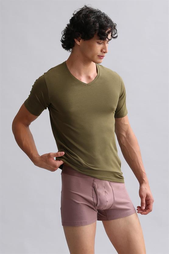 Mısırlı BAMBU HERCULES Slim Fit V Yaka Fanila / T-Shirt Koyu Haki