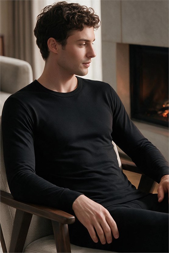 Mısırlı BAMBU TERMAL Bisiklet Yaka Uzun Kollu Fanila / Sweatshirt Siyah