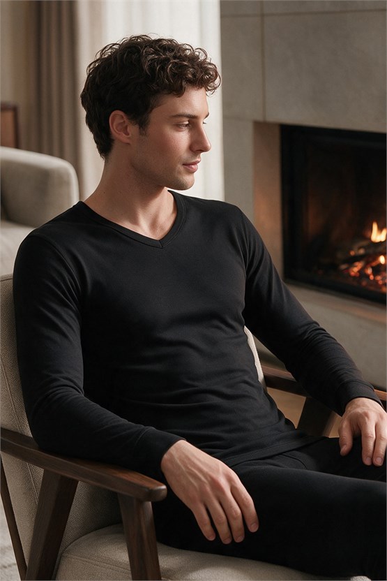Mısırlı BAMBU TERMAL V Yaka Uzun Kollu Fanila / Sweatshirt Siyah
