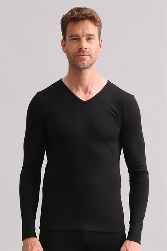 Mısırlı BAMBU TERMAL V Yaka Uzun Kollu Fanila / Sweatshirt Siyah