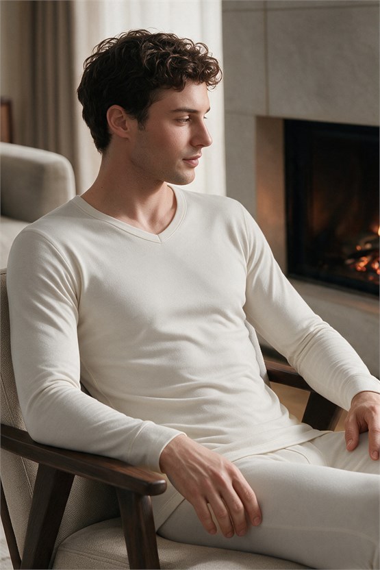 Mısırlı BAMBU TERMAL V Yaka Uzun Kollu Fanila / Sweatshirt Ekru