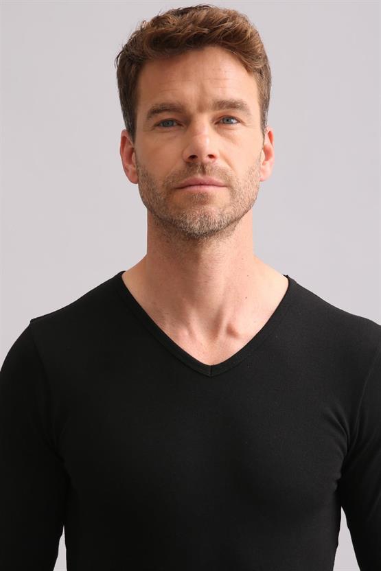 Mısırlı BAMBU TERMAL V Yaka Uzun Kollu Fanila / Sweatshirt Siyah