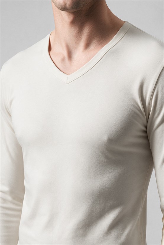 Mısırlı BAMBU TERMAL V Yaka Uzun Kollu Fanila / Sweatshirt Ekru