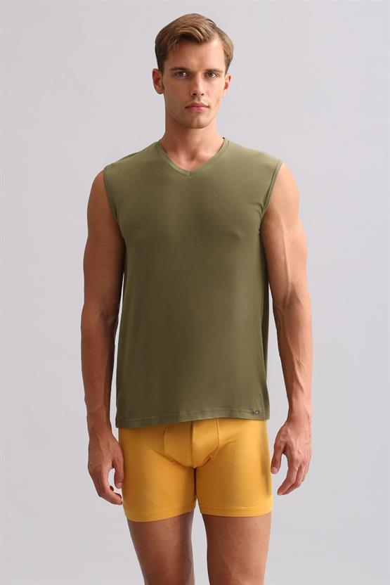 Mısırlı BAMBU ZEUS LUXURY Regular Fit V Yaka Sporcu Atlet / T-Shirt Haki Zeytin