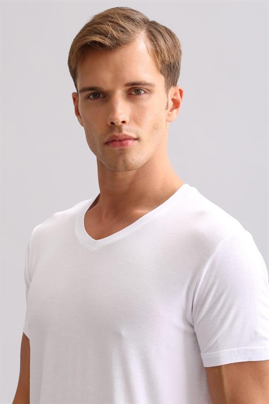 Mısırlı BAMBU ZEUS LUXURY Regular Fit V Yaka Fanila / T-Shirt Beyaz