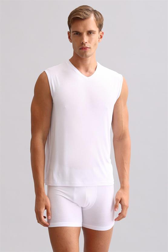 Mısırlı BAMBU ZEUS LUXURY Regular Fit V Yaka Sporcu Atlet / T-Shirt Beyaz