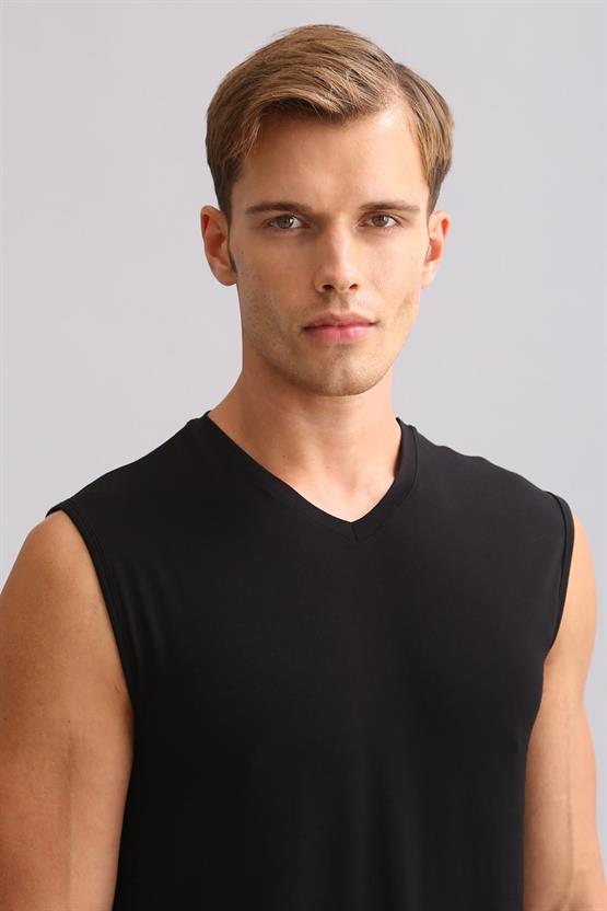 Mısırlı BAMBU ZEUS LUXURY Regular Fit V Yaka Sporcu Atlet / T-Shirt Siyah