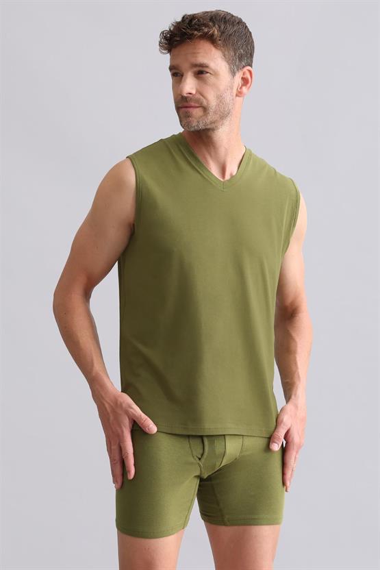 Mısırlı BAMBU ZEUS Regular Fit V Yaka Sporcu Atlet / T-Shirt Haki Yeşil