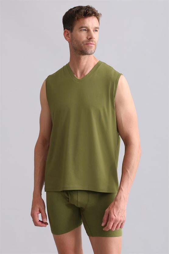 Mısırlı BAMBU ZEUS Regular Fit V Yaka Sporcu Atlet / T-Shirt Haki Yeşil