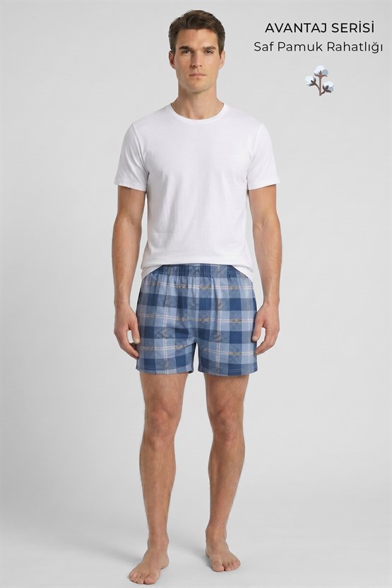 Mısırlı Erkek Ekoseli Kısa Short Pijama Mavi