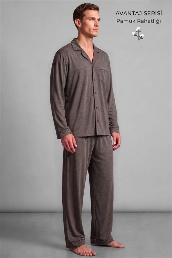 Mısırlı Erkek Gömlek Yaka Biye Detaylı Pijama Takım Kahverengi Melanj
