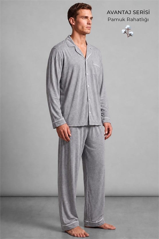 Mısırlı Erkek Gömlek Yaka Biye Detaylı Pijama Takım Gri Melanj