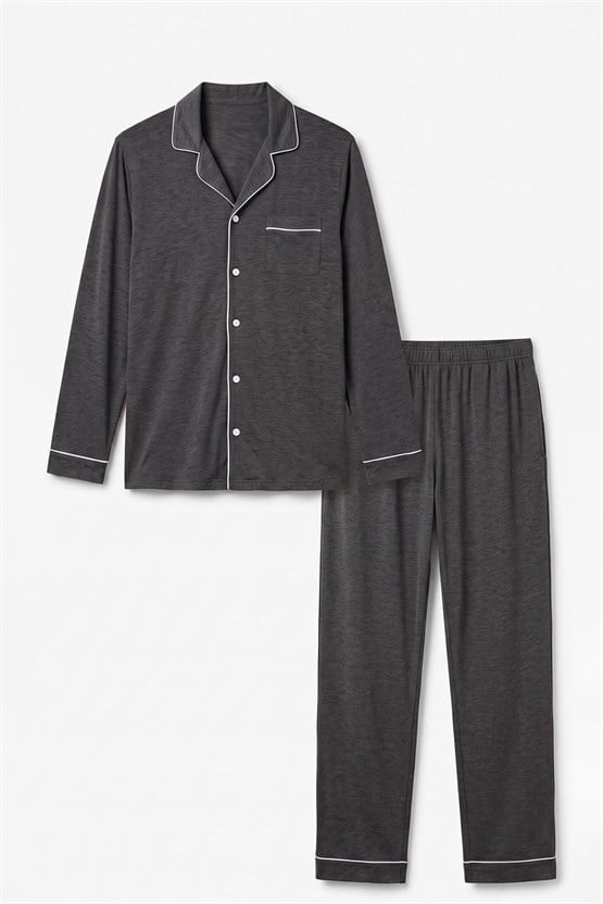 Mısırlı Erkek Gömlek Yaka Biye Detaylı Pijama Takım Antrasit Melanj
