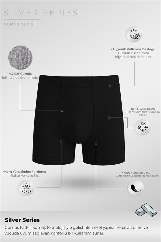 Mısırlı Erkek Gümüş Uzun Boxer Siyah