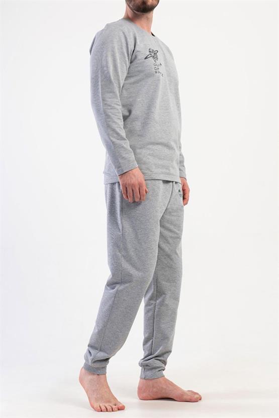 Mısırlı Erkek İki İplik Bisiklet Yaka Uzun Kollu Pijama Takımı Gri Melanj